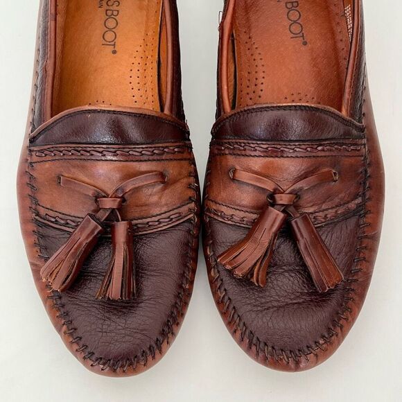 Brass Boot Tassel Leather Loafer Mens 8 W 2-Tone Brown Shoes Moccasins Moc Spain
